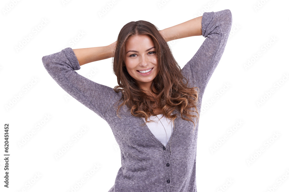 Portrait, fashion and confidence of happy woman isolated on a transparent png background. Face, styl