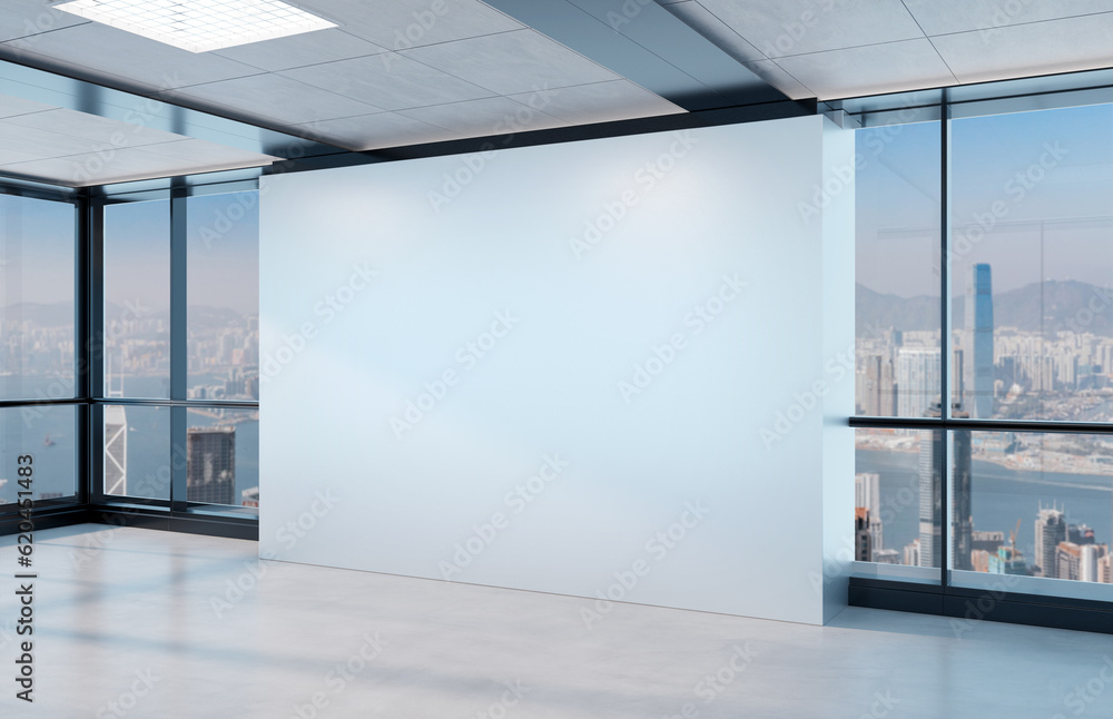 Blank wall Mockup in bright office with windows. Company interior 3D rendering