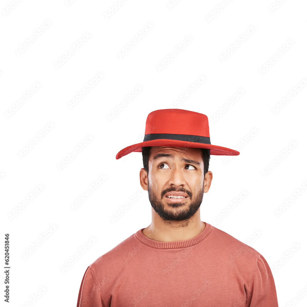 Hat, fashion and confused with face of man on png for thinking, style and crazy. Funny, doubt and qu