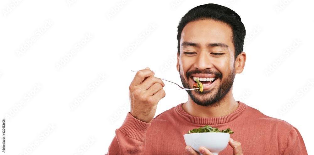 Health, eating salad and man with food bowl on isolated, png and transparent background for wellness