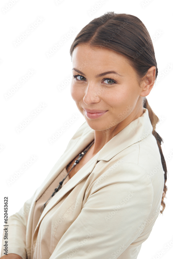 Business, portrait and woman with smile and isolated on transparent png background, arms crossed and