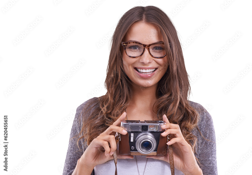 Photographer, happy and camera with portrait of woman on png for vintage, retro and picture. Happine