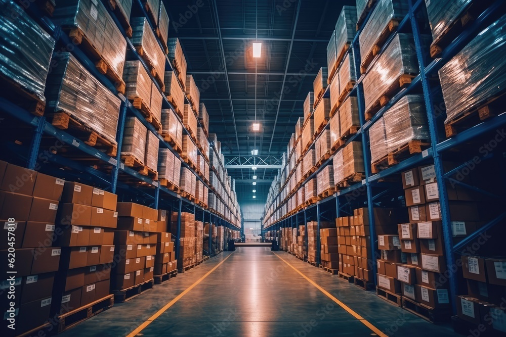 Warehouse or storage and shelves with cardboard boxes. Industrial background.