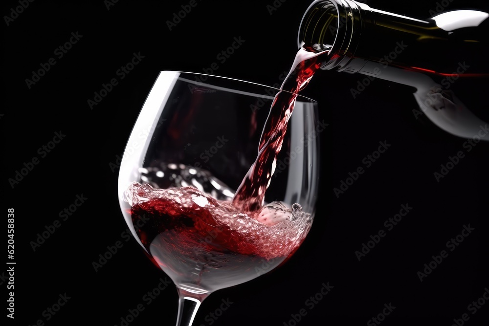 Red wine pouring into wine glass, close-up. Dark background.