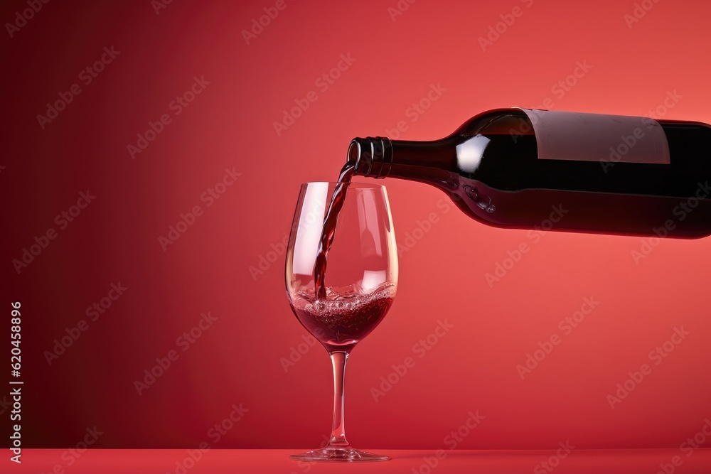 Red wine pouring into wine glass, close-up. Red background.