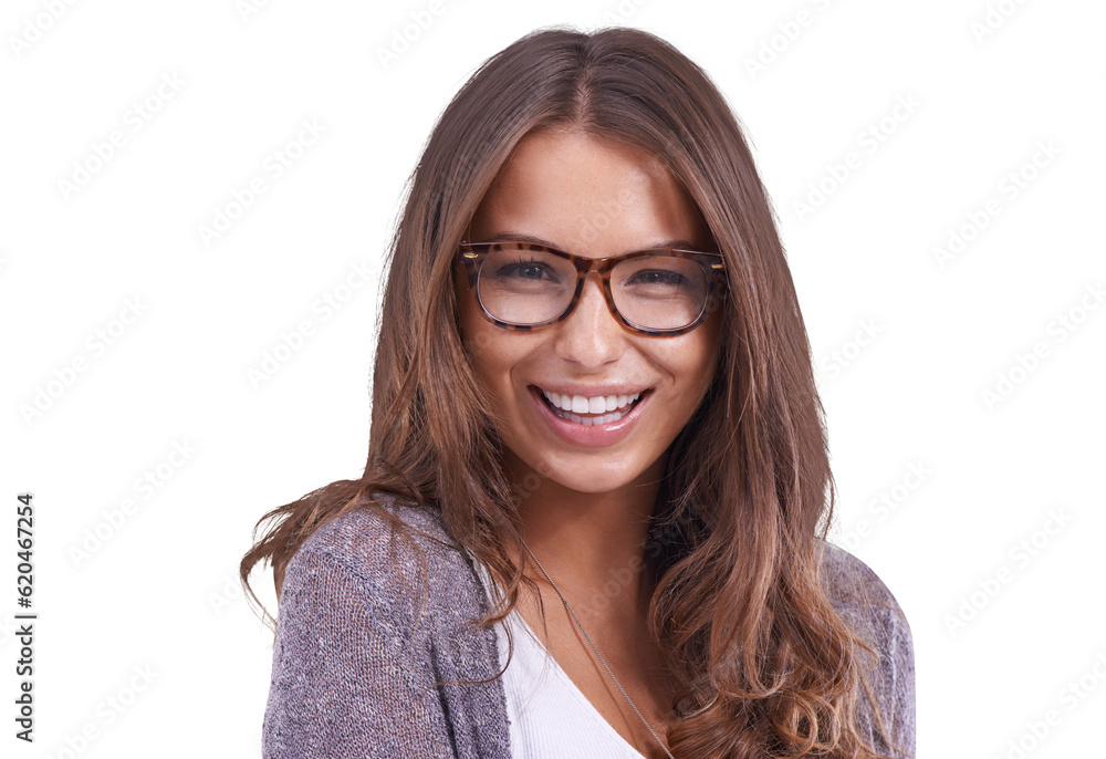 Happy, portrait with glasses and girl with natural beauty, confidence or college student on isolated