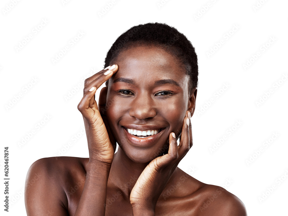 Face, skincare touch and beauty of black woman isolated on a transparent png background. Natural, co