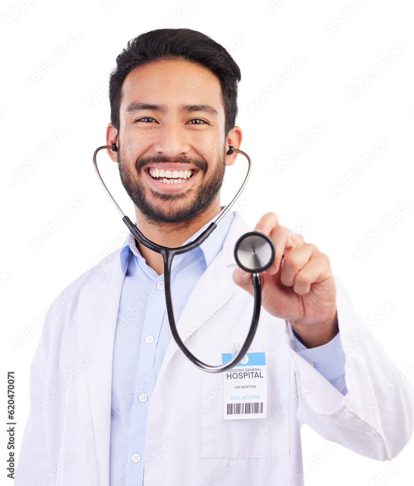 Happy, doctor and portrait of Asian man with stethoscope on isolated, png and transparent background