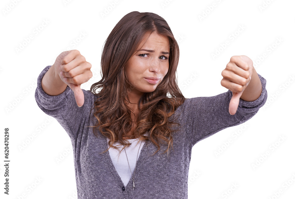 Woman, thumbs down and negative review in portrait, rejection and hand gesture isolated on transpare