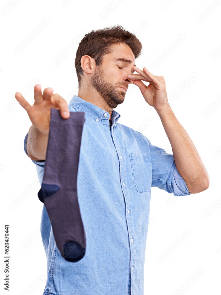 Housework, smell and man holding a sock with dirt in png or isolated and transparent background with