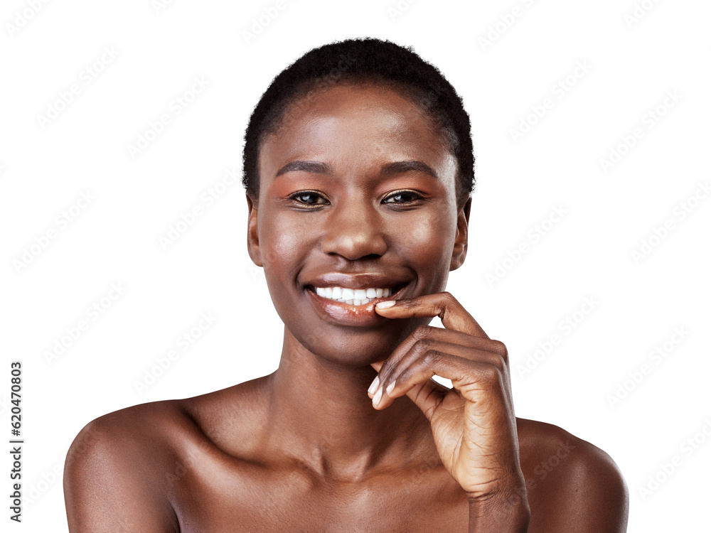 Face, skincare and beauty of happy black woman isolated on a transparent png background. Natural, co