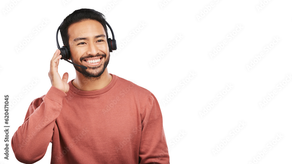 Happy asian man, call center and headphones in customer service isolated on a transparent PNG backgr