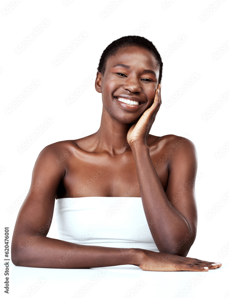 Portrait, skincare touch and black woman on table isolated on a transparent png background. Natural 