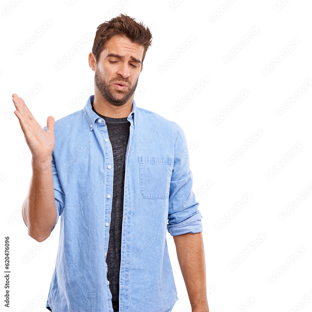 Stink in air, smell and odor with man, gesture and casual clothes isolated on transparent png backgr