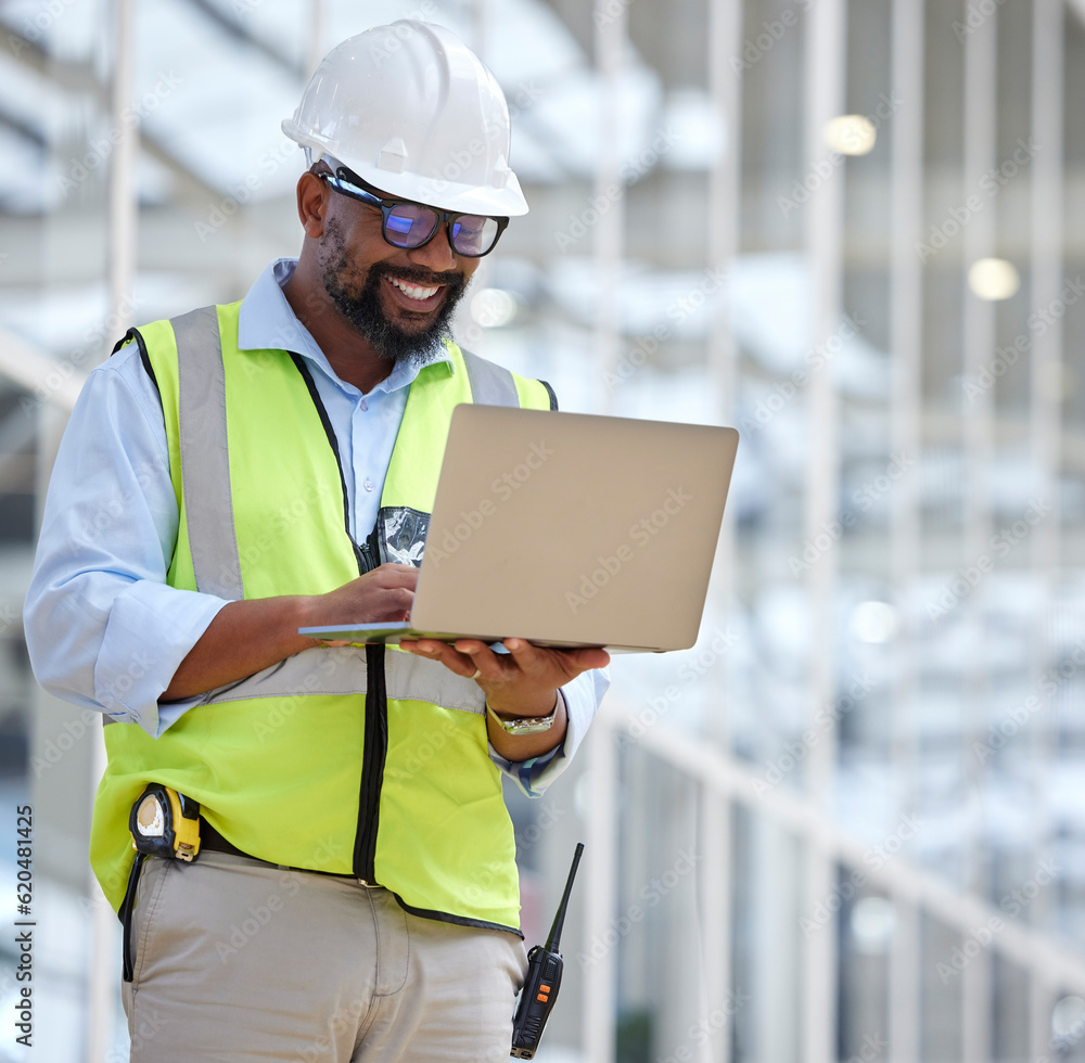 Laptop, engineering man and construction worker for online project. management, building progress an