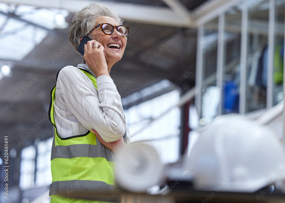 Phone call, senior woman and architect in funny conversation, planning and work on construction proj