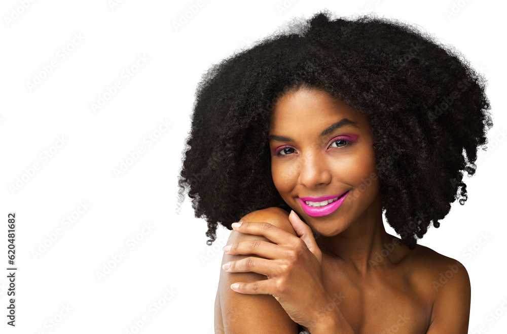 Beauty, happy and makeup with portrait of black woman on png for cosmetics, face and hairstyle. Natu