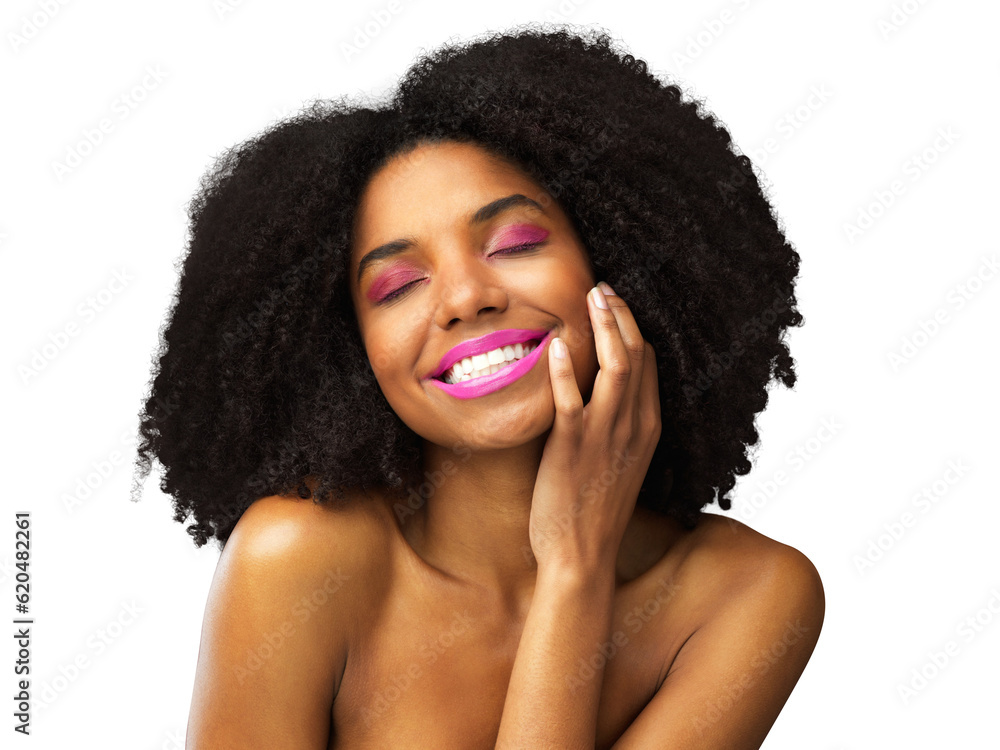 Beauty, smile and cosmetics with face of black woman on png for spa, makeup and hairstyle. Natural, 