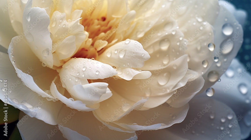 White Peony flowers with water drops background. Closeup of blossom with glistening droplets. Genera