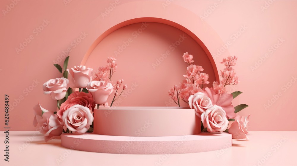 Podium with pink roses on pastel pink background to display products, gift or cosmetics. Generative 