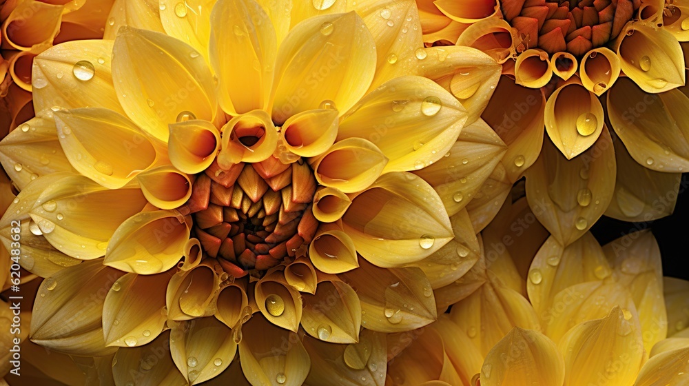 Yellow Dahlia flowers with water drops background. Closeup of delicate blossom with glistening dropl