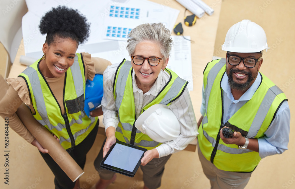 Tablet, teamwork or portrait of engineers with manager planning a construction for architecture. Top