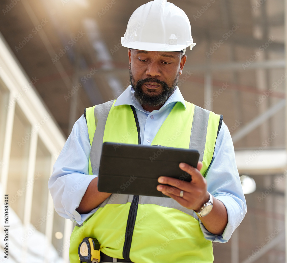 Tablet, engineering man and construction worker for online project management, building progress and