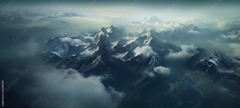 Dramatic snow-capped mountains landscape. Clouds and fog covers stone slopes. Generative AI