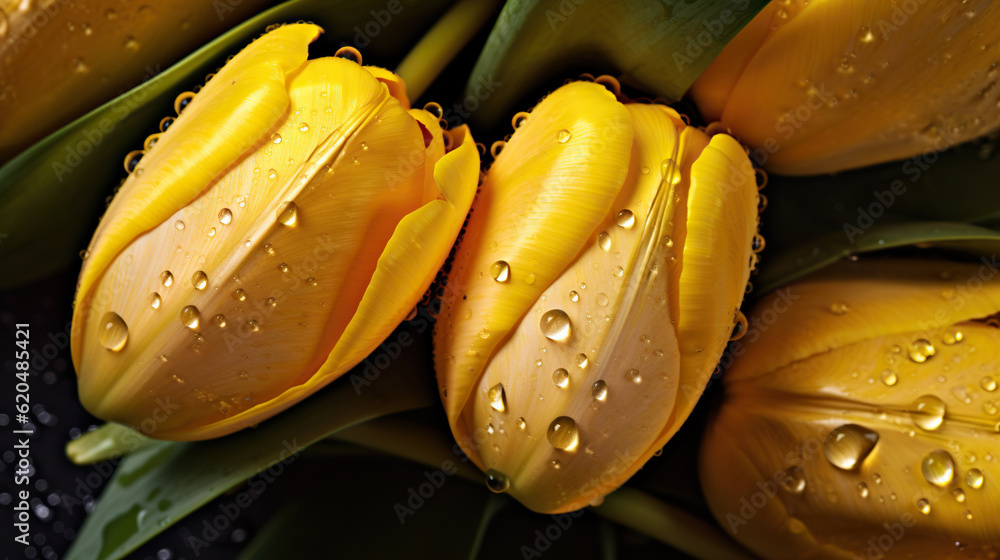 Yellow Tulips flowers with water drops background. Closeup of blossom with glistening droplets. Gene