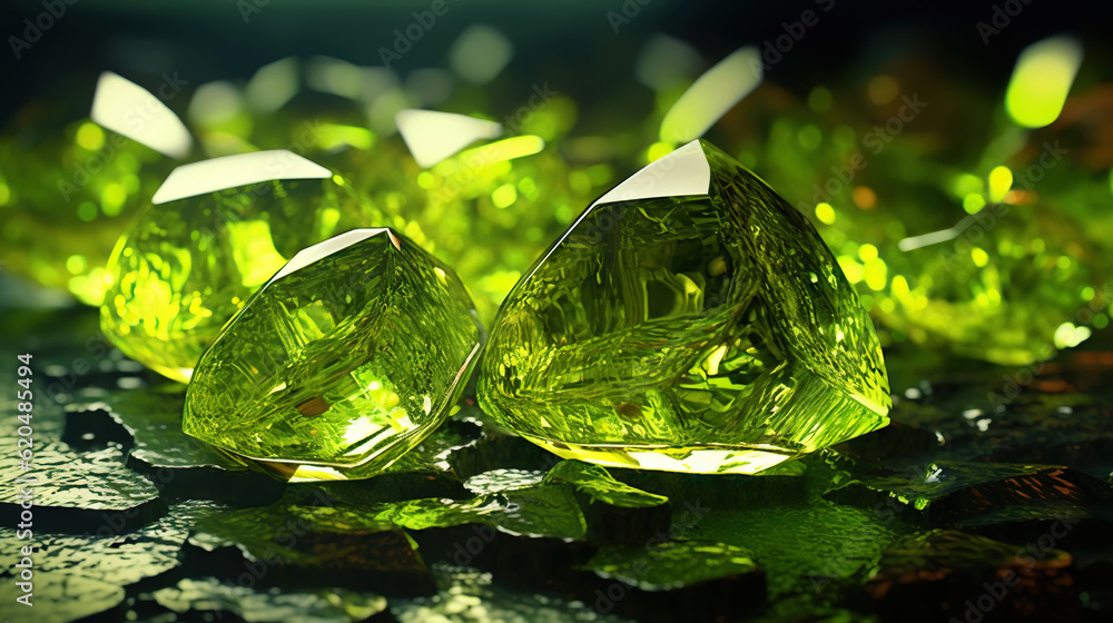 Amazing bright and shiny Olivine crystal cluster background. Jewel mineral detailed macro. Generativ