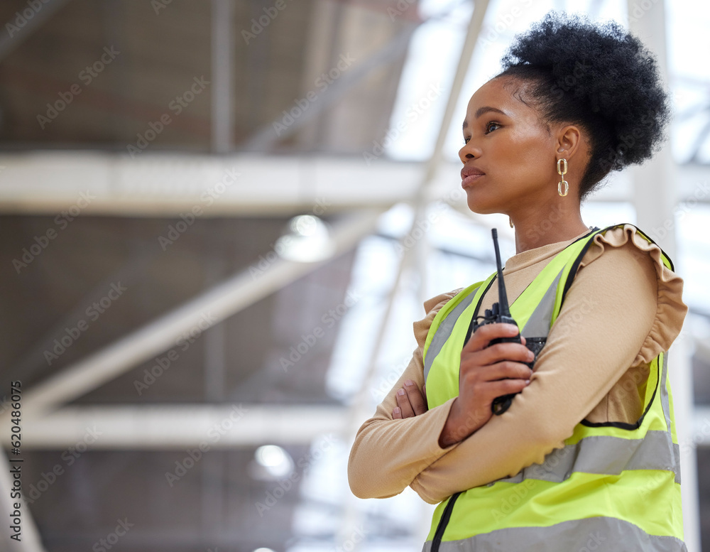 Woman, construction and walkie talkie at worksite for project with inspection at building with plann