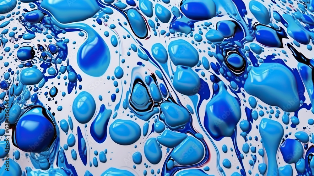 Abstract blue paint drops mixed in white oil background. Non-mixing fluids pattern. Generative AI