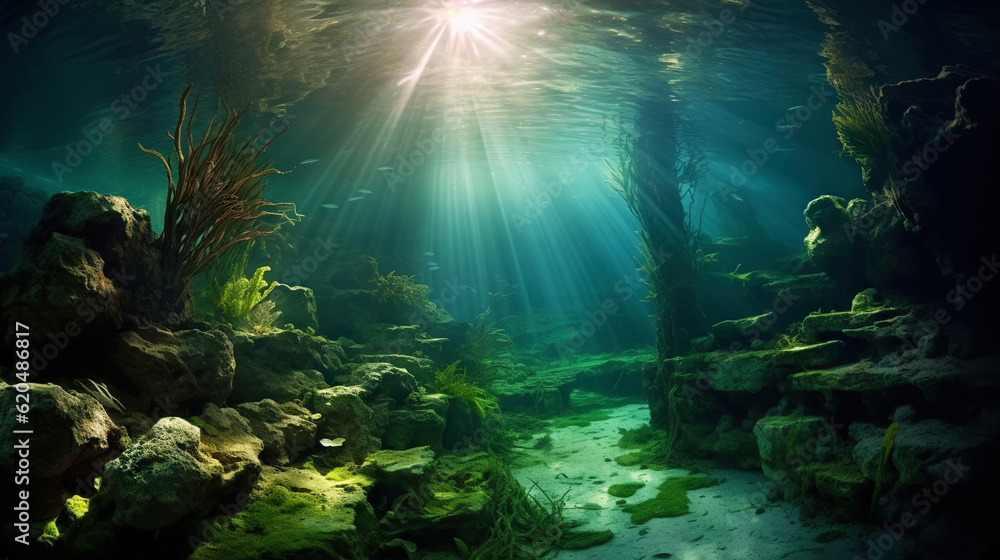 Underwater sunlight through the water surface seen from a rocky seabed with algae. Generative AI