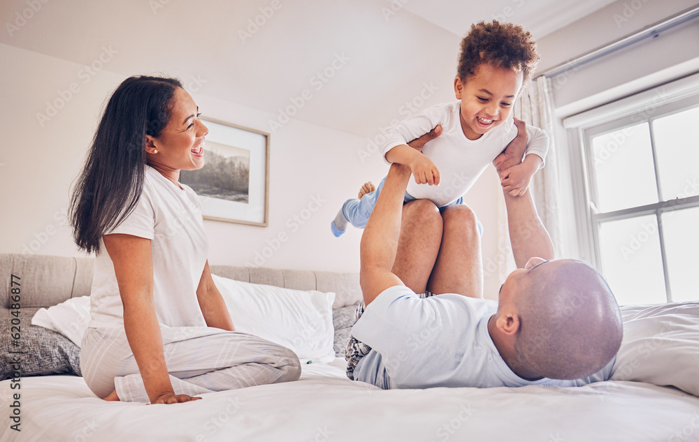 Happy family, playing and dad with child on bed, bonding and airplane game for father and daughter t