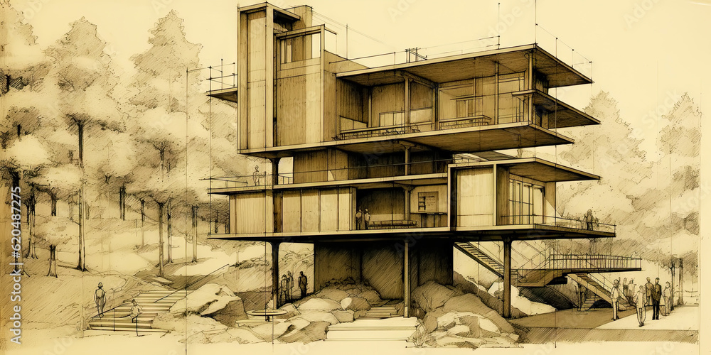 Detailed pencil sketch of modern suburban house. Abstract imaginary building concept. Generative AI