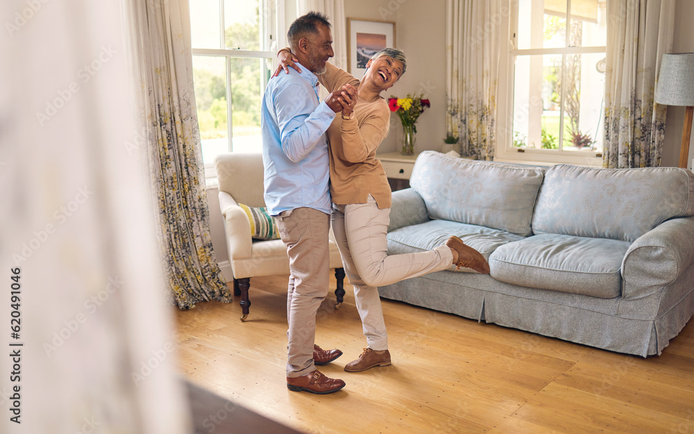 Love, funny and dance with a senior couple in the living room of their home together for bonding. Ma