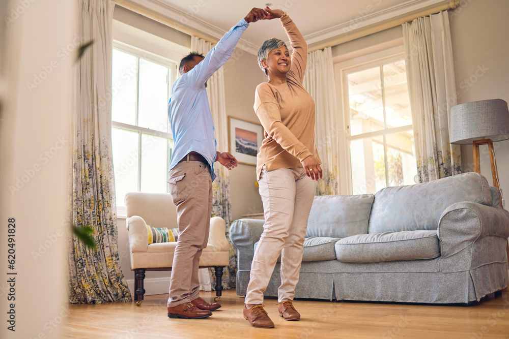 Retirement, romance and dance with a senior couple in the living room of their home together for bon