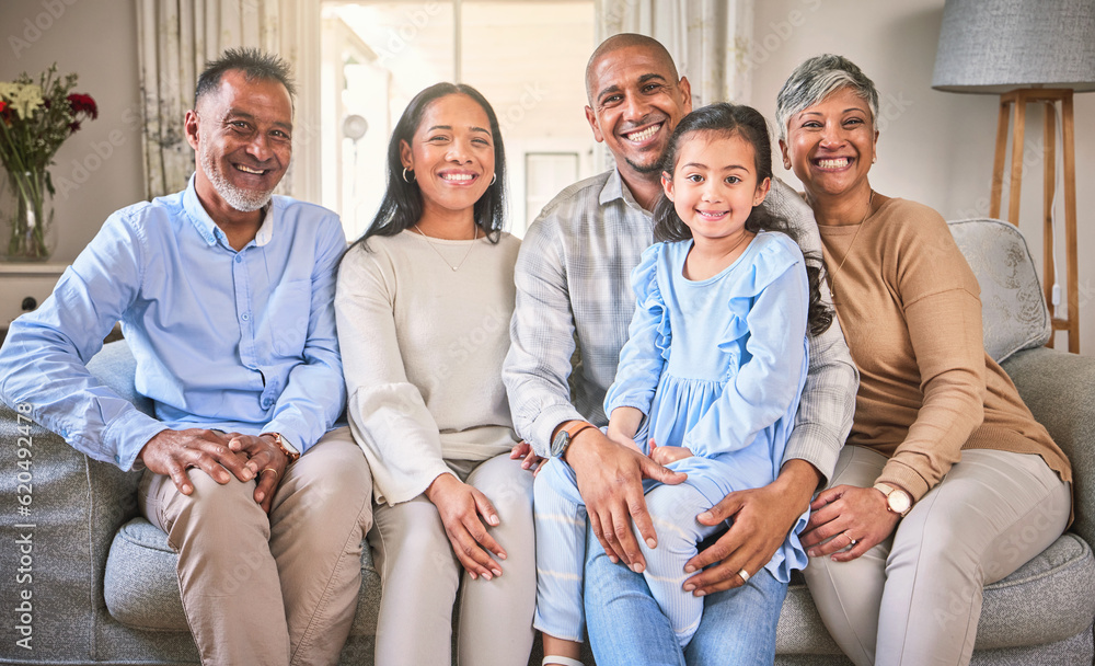 Big family, portrait and smile in home living room, bonding and having fun. Happy, grandparents and 