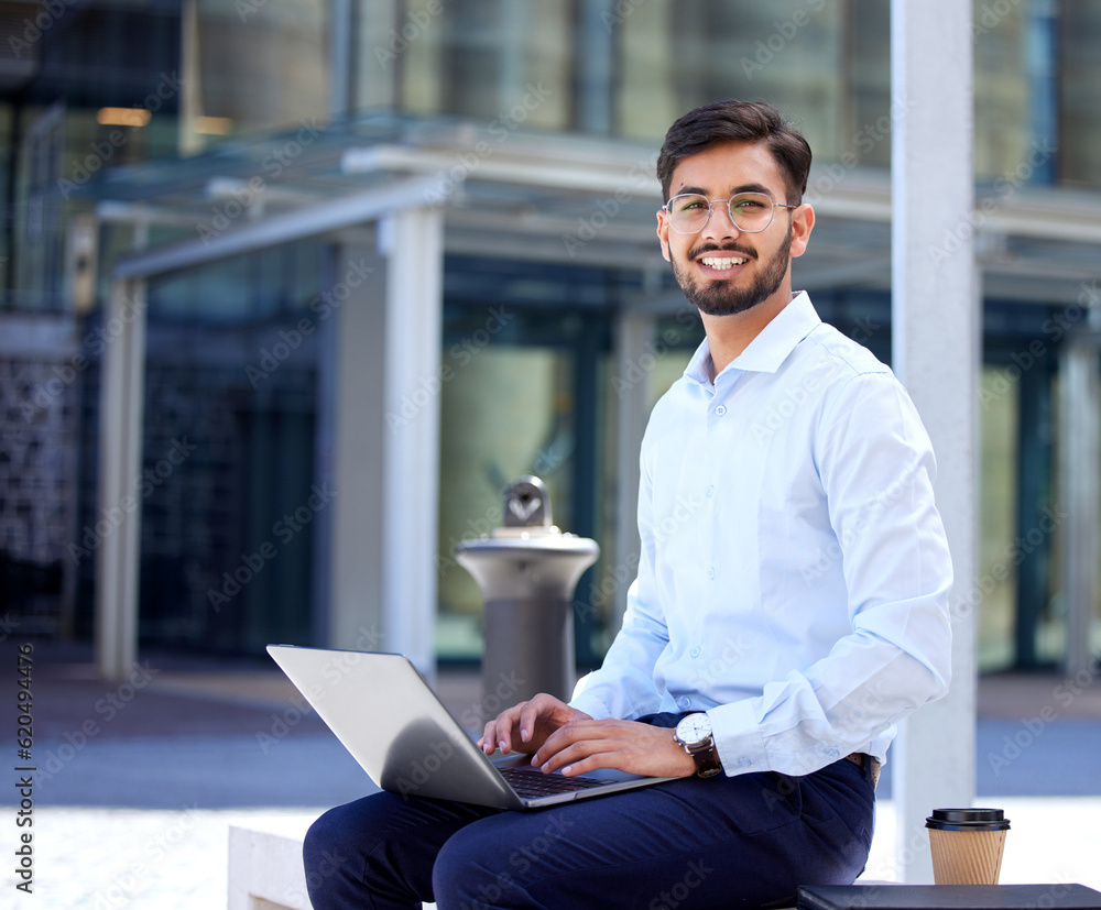 Portrait, business and man with a laptop, outdoor or typing with connection, digital software or net