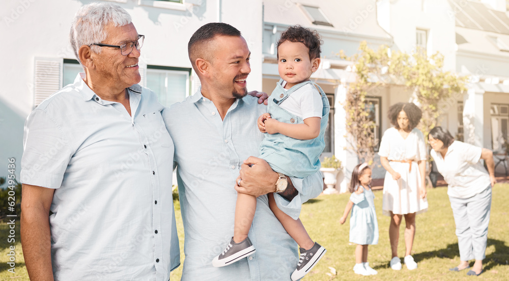 Father, grandma or portrait of child in new home or real estate with a happy family with love or car