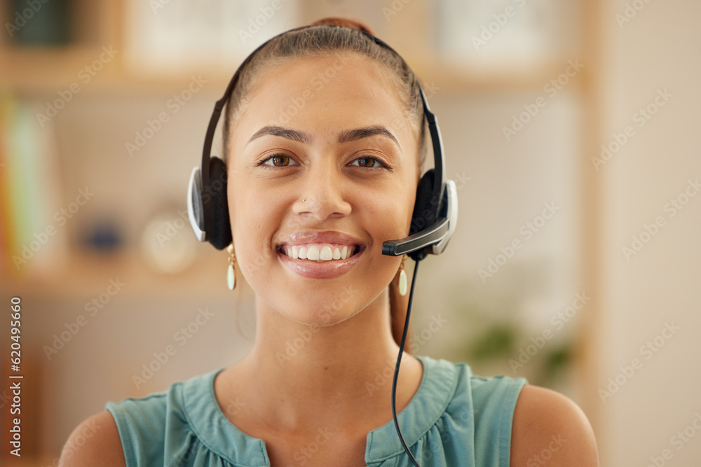 Portrait, telemarketing and woman with a smile, call center and ecommerce with customer service, con