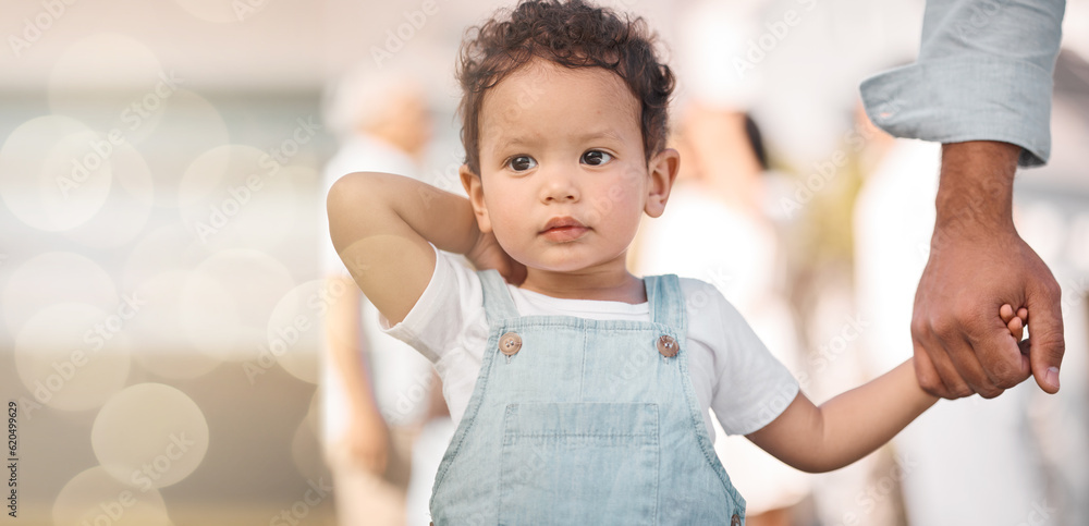 Mockup space, parent or child holding hands in new home or real estate as family bonding with love o