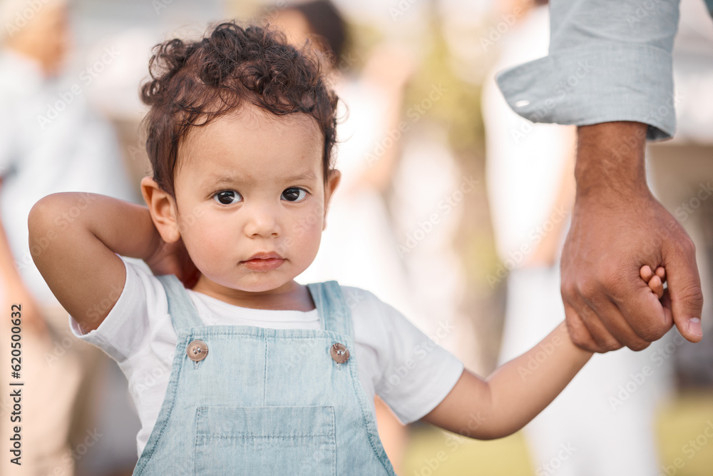 Portrait, parent or face of child holding hands in new home or real estate as family bonding with lo