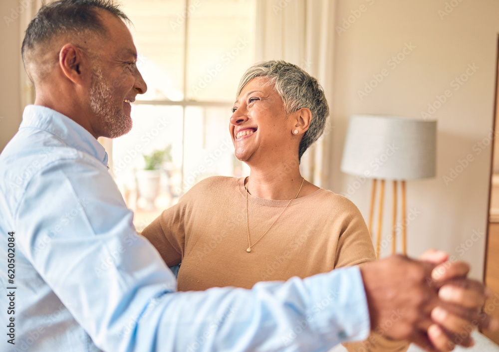 Love, marriage and dance with a senior couple in the living room of their home together for bonding.