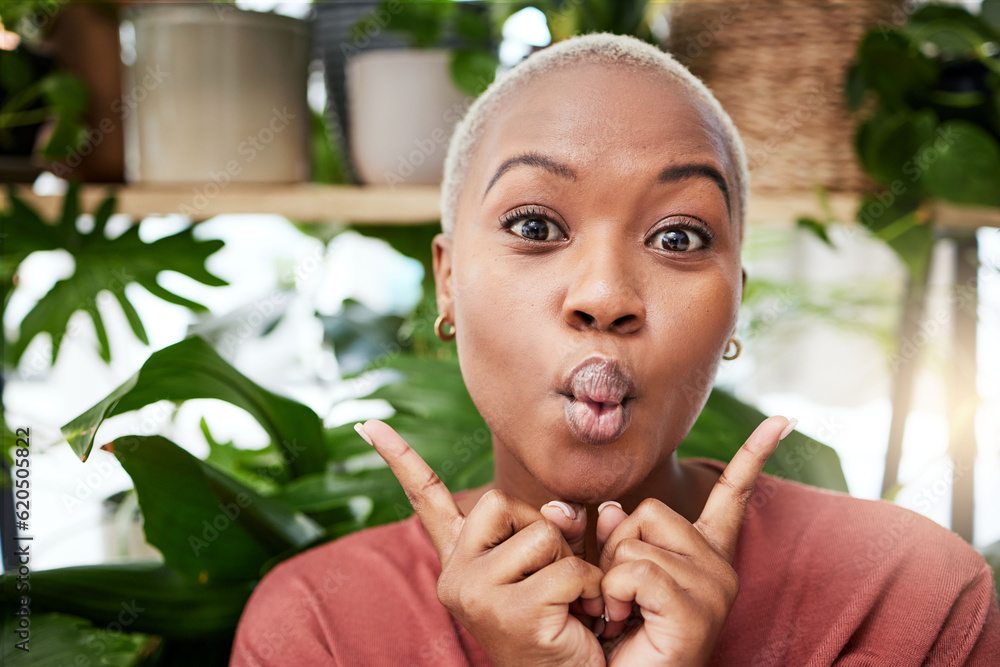 Black woman, silly face and home with comedy feeling happy with plants. African female person, portr