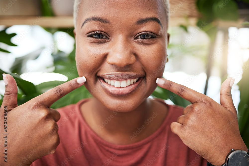 Portrait, smile and black girl is pointing at teeth with happiness for dental hygiene in outdoor. Or