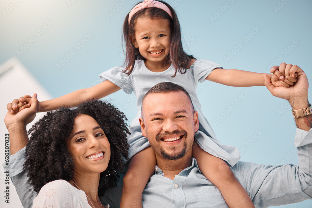 Family in portrait, girl on man shoulders and happy people outdoor, mother and father with young dau