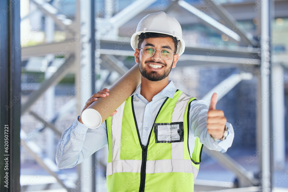 Architecture, thumbs up and portrait of happy man with blueprint at construction site, agreement and