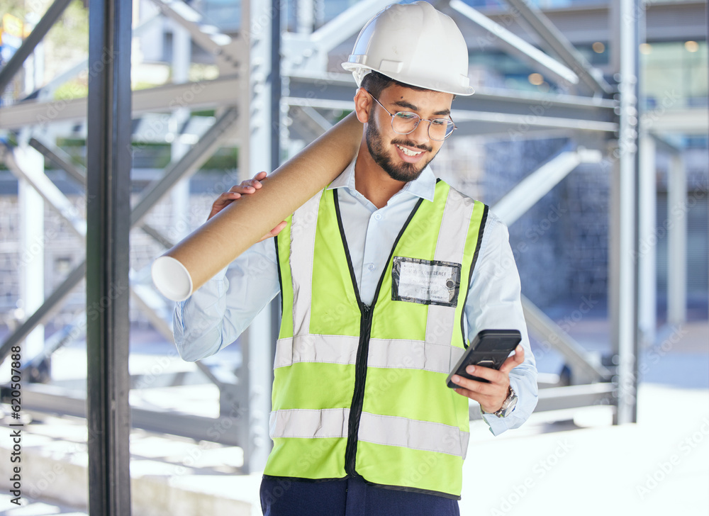 Architecture, phone typing and happy man with blueprint at construction site, networking and communi