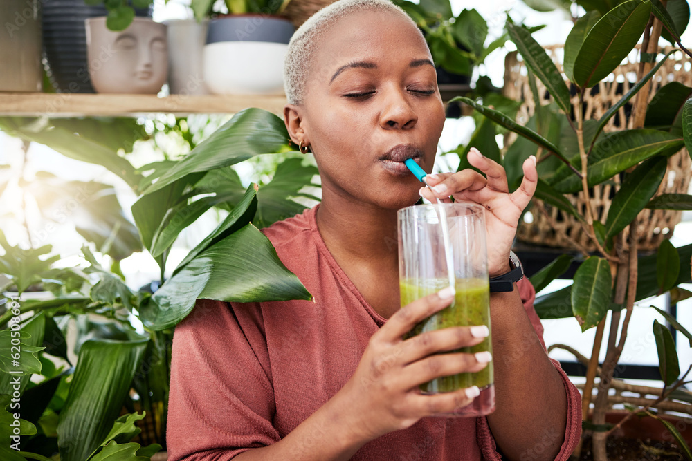 Nutrition, drinking and black girl with green smoothie for diet with plants for wellness or weightlo